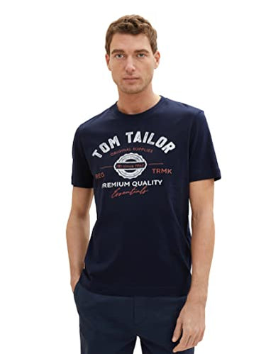 TOM TAILOR Herren 1037735 T-Shirt aus Baumwolle mit Logo-Print, 32917-Deep Grey, im Sale